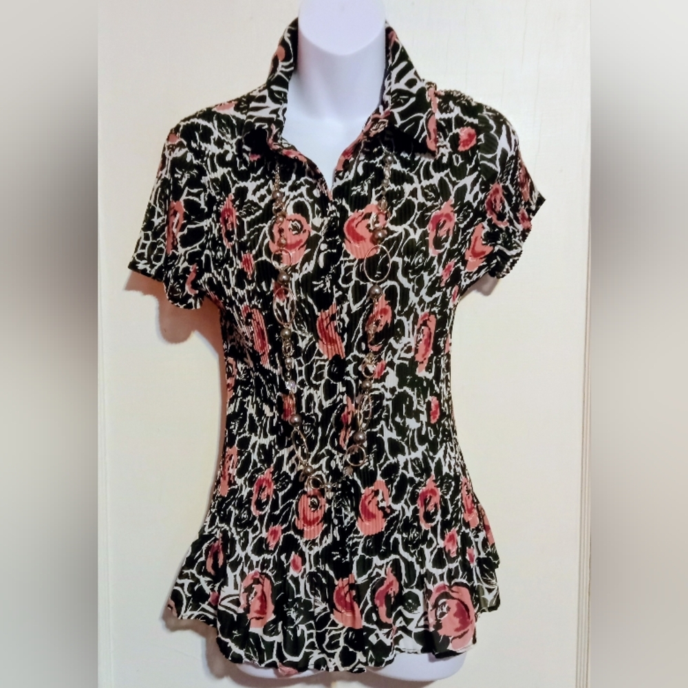 Floral Pink & Black Pleated Short-Sleeve Women's Top Sz Sm
